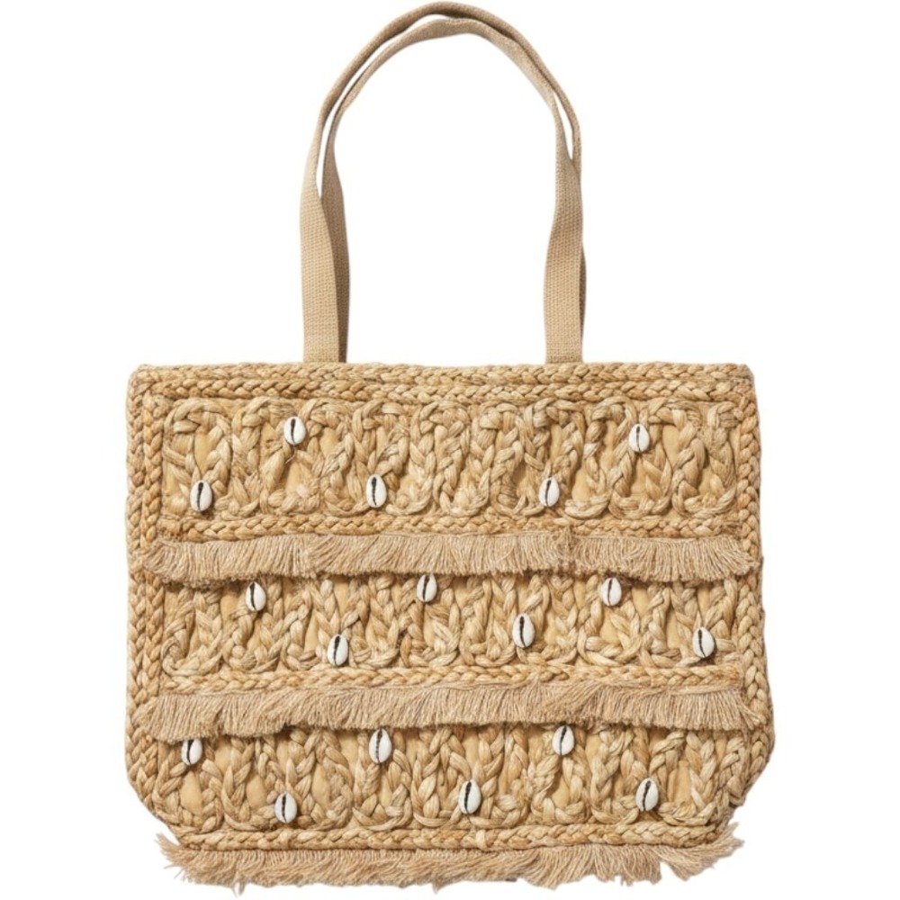 Salt + Umber Jute Tote Bag Tan Cowrie Shell Fringe Straw Beach Summer Handbag
